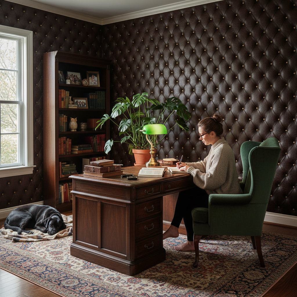 Tufted Leather Wallpaper Brown Geometric Wall Mural