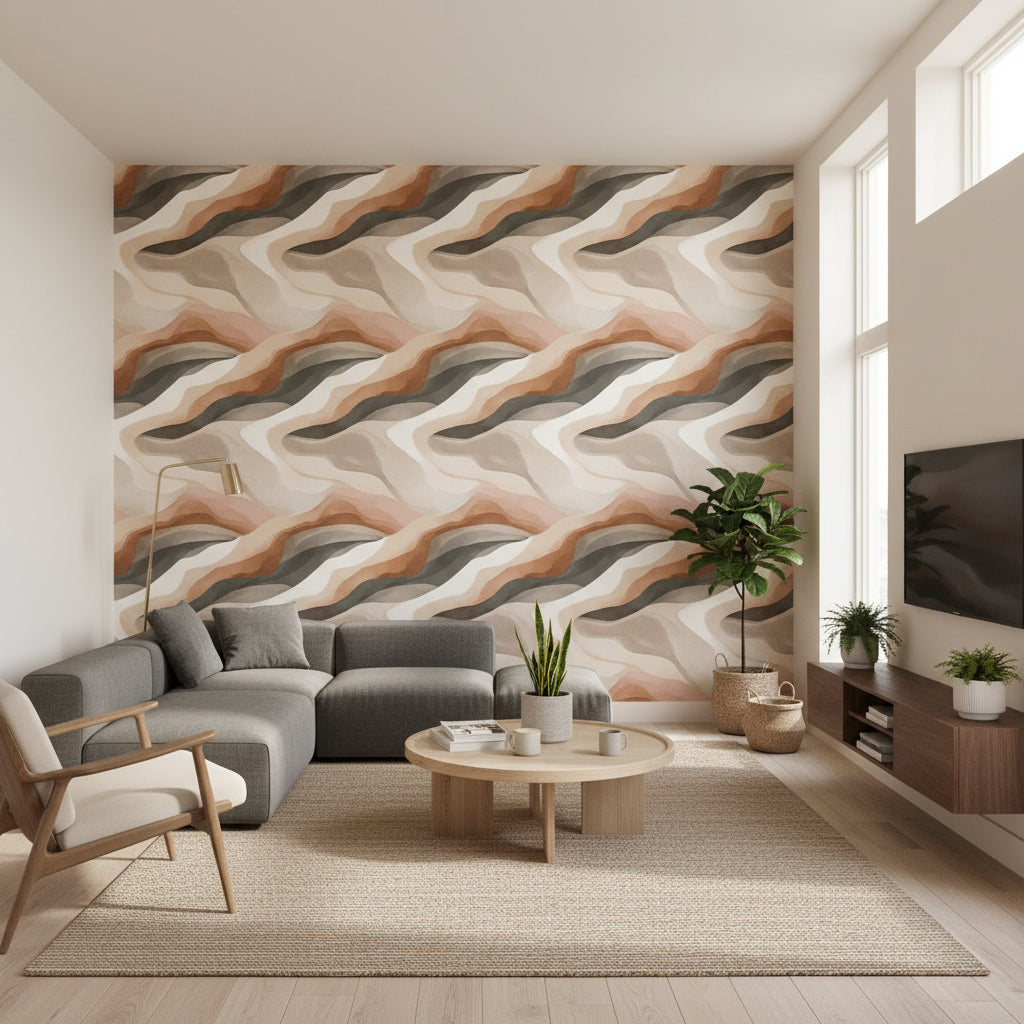 Earthy Beige and Tan Abstract Waves Wallpaper