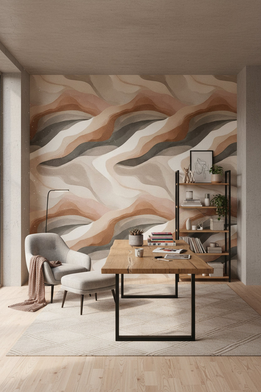 Earthy Beige and Tan Abstract Waves Wallpaper
