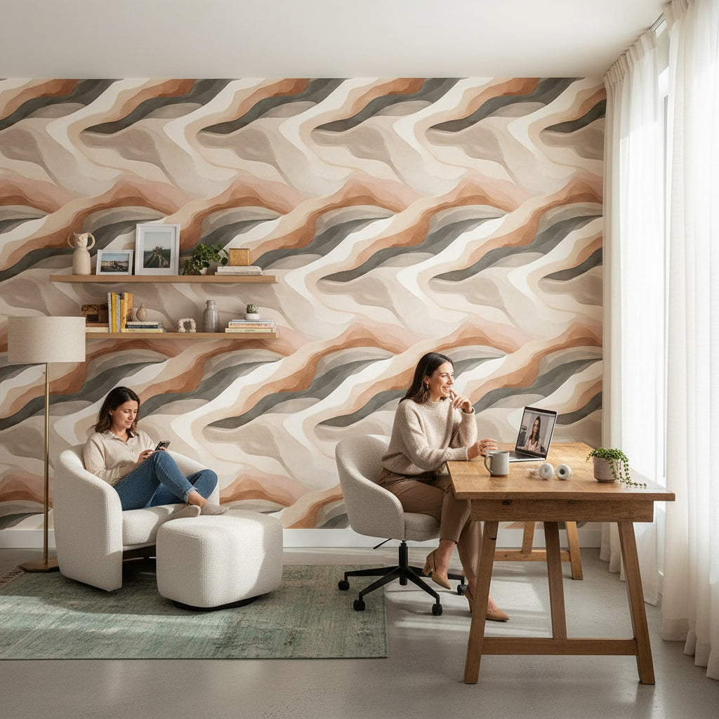 Earthy Beige and Tan Abstract Waves Wallpaper