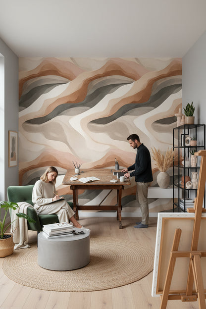 Earthy Beige and Tan Abstract Waves Wallpaper