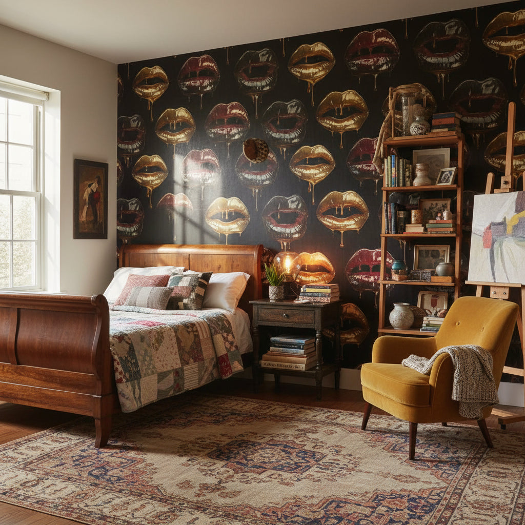 Lips Wallpaper Gold Dripping Mural Glossy Wall Decor