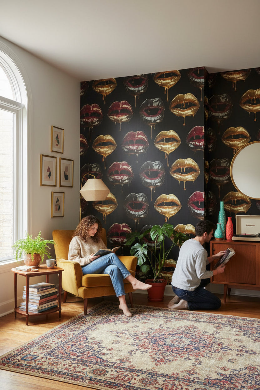 Lips Wallpaper Gold Dripping Mural Glossy Wall Decor