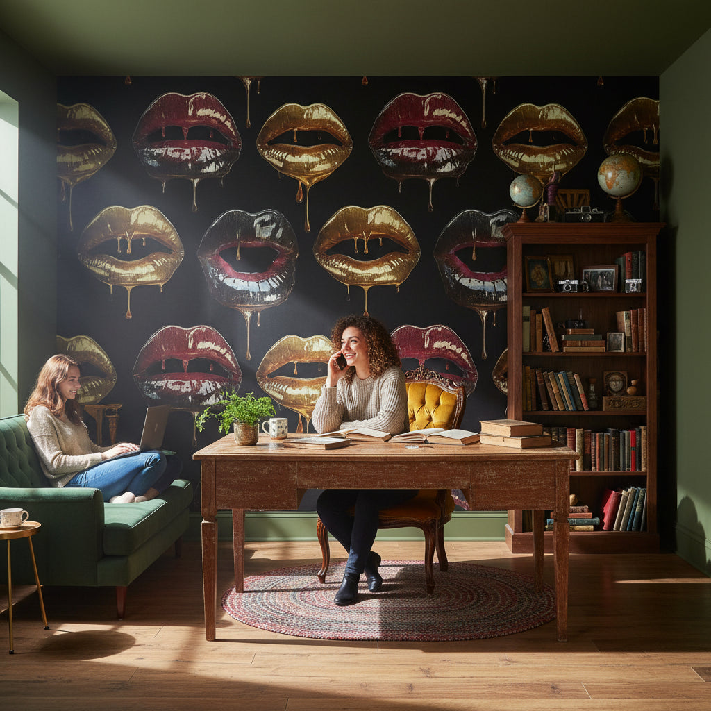 Lips Wallpaper Gold Dripping Mural Glossy Wall Decor