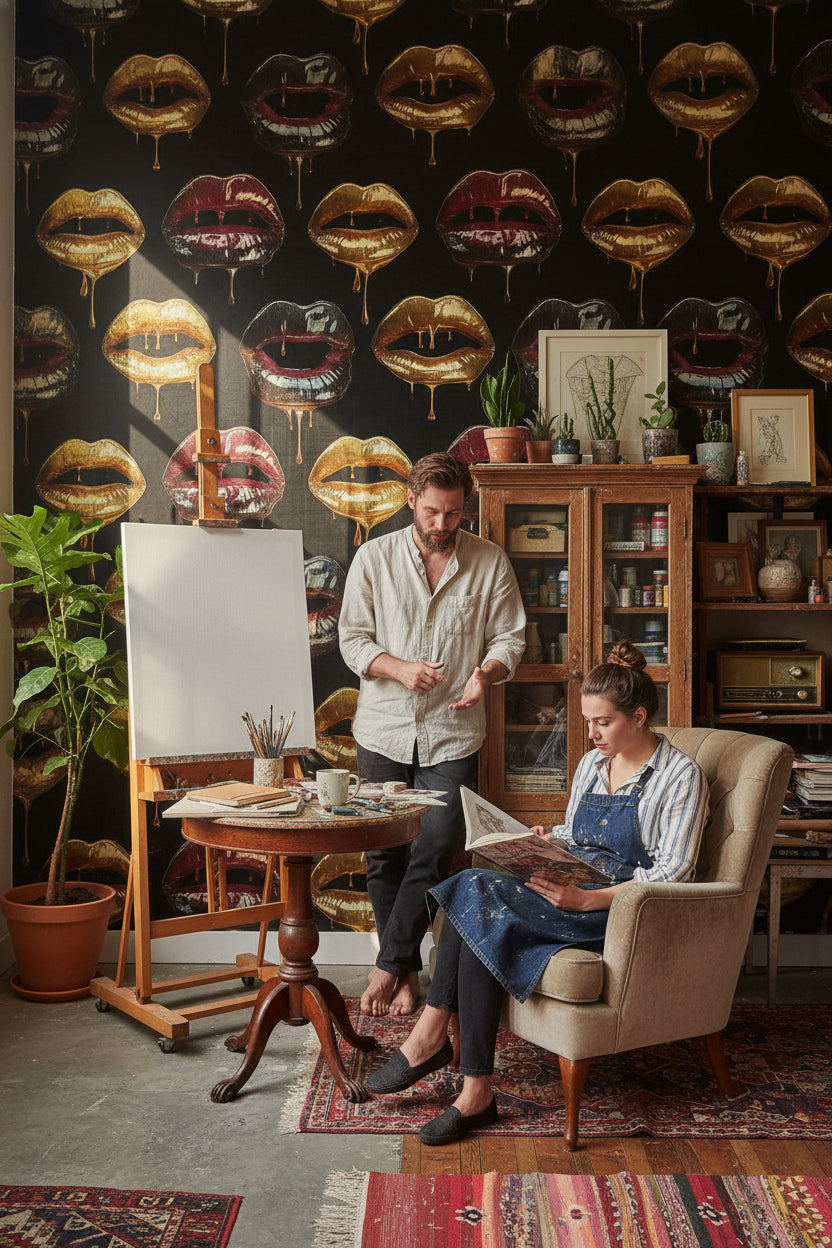 Lips Wallpaper Gold Dripping Mural Glossy Wall Decor