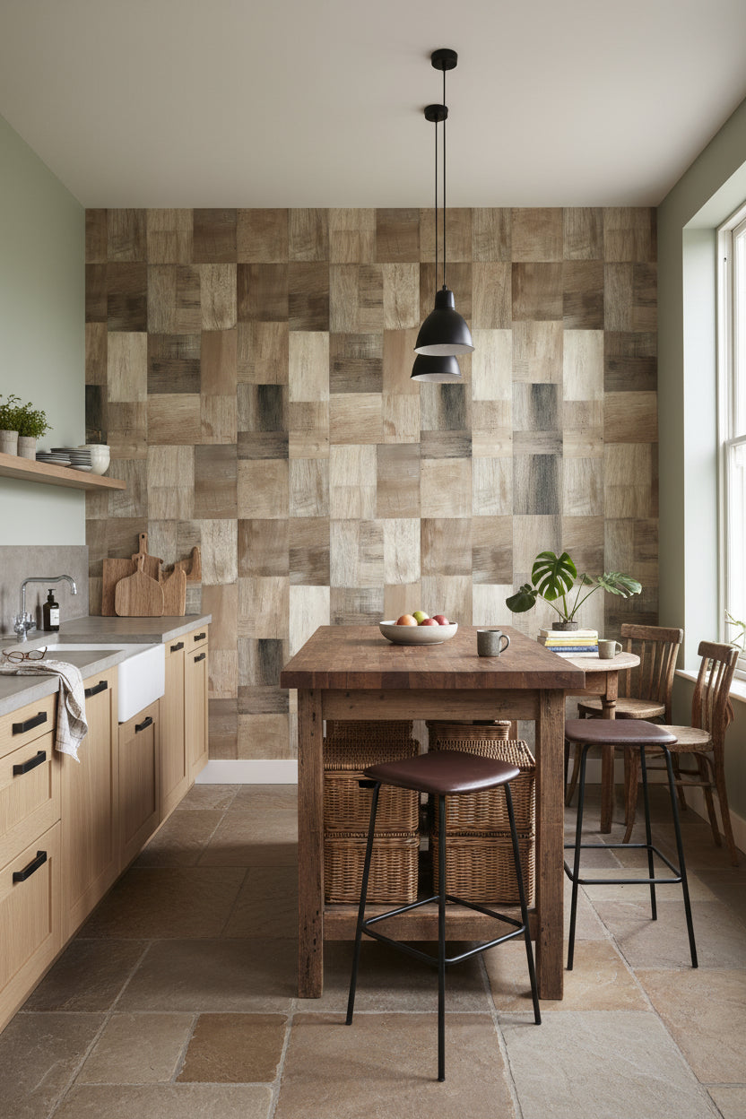 Natural Wood Patchwork Texture Wallpaper