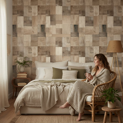 Natural Wood Patchwork Texture Wallpaper