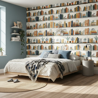 Cream Eclectic Bookshelf Art Wallpaper
