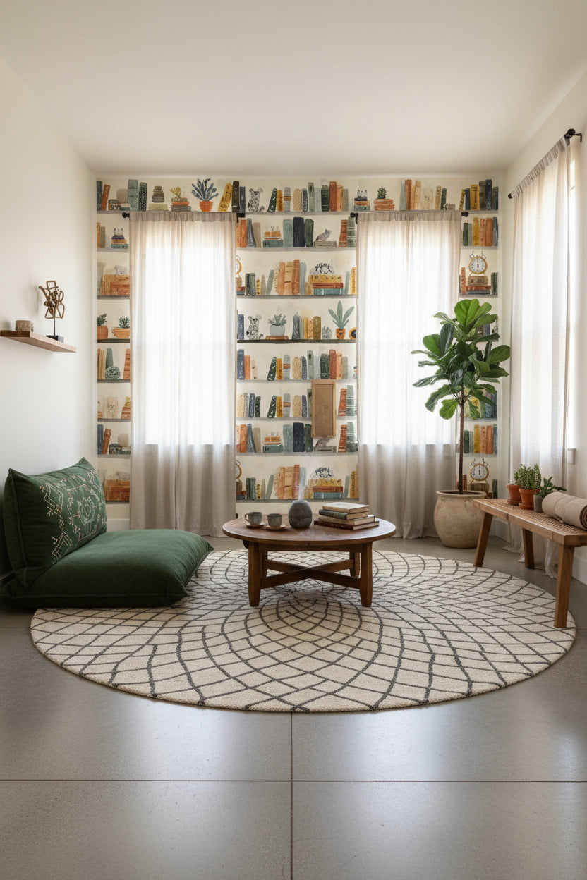 Cream Eclectic Bookshelf Art Wallpaper