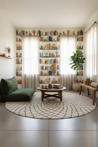 Cream Eclectic Bookshelf Art Wallpaper