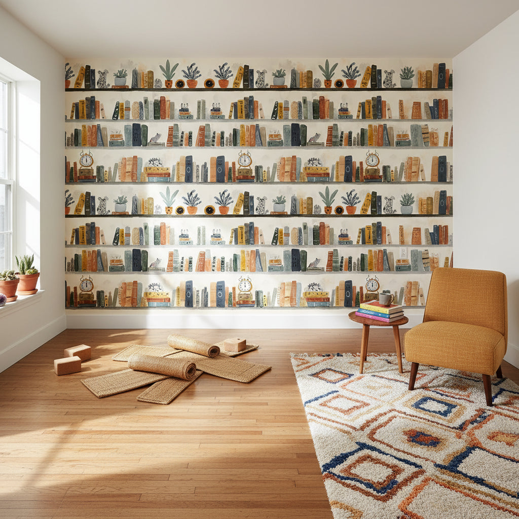 Cream Eclectic Bookshelf Art Wallpaper