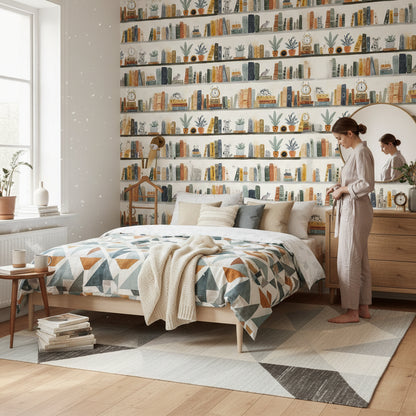 Cream Eclectic Bookshelf Art Wallpaper