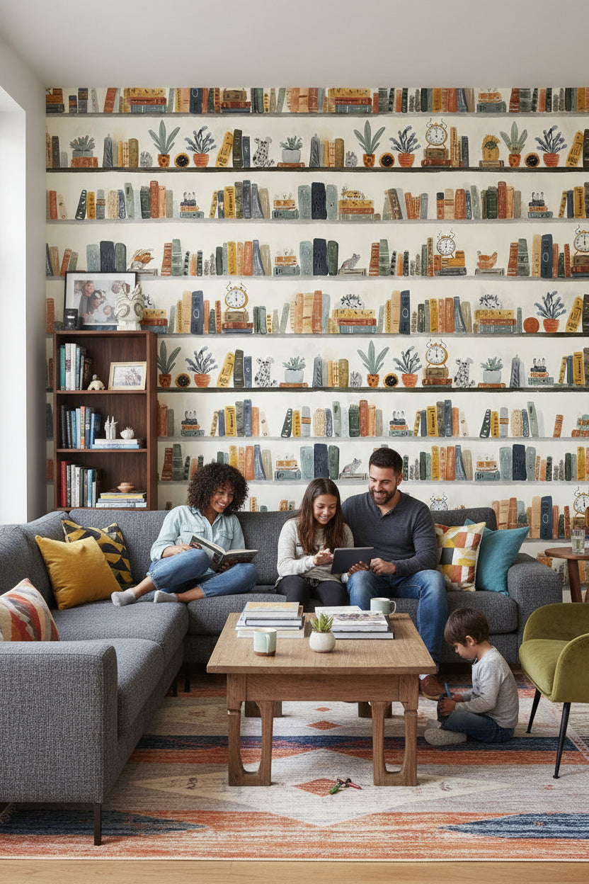 Cream Eclectic Bookshelf Art Wallpaper