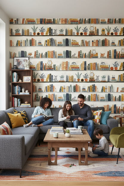 Cream Eclectic Bookshelf Art Wallpaper