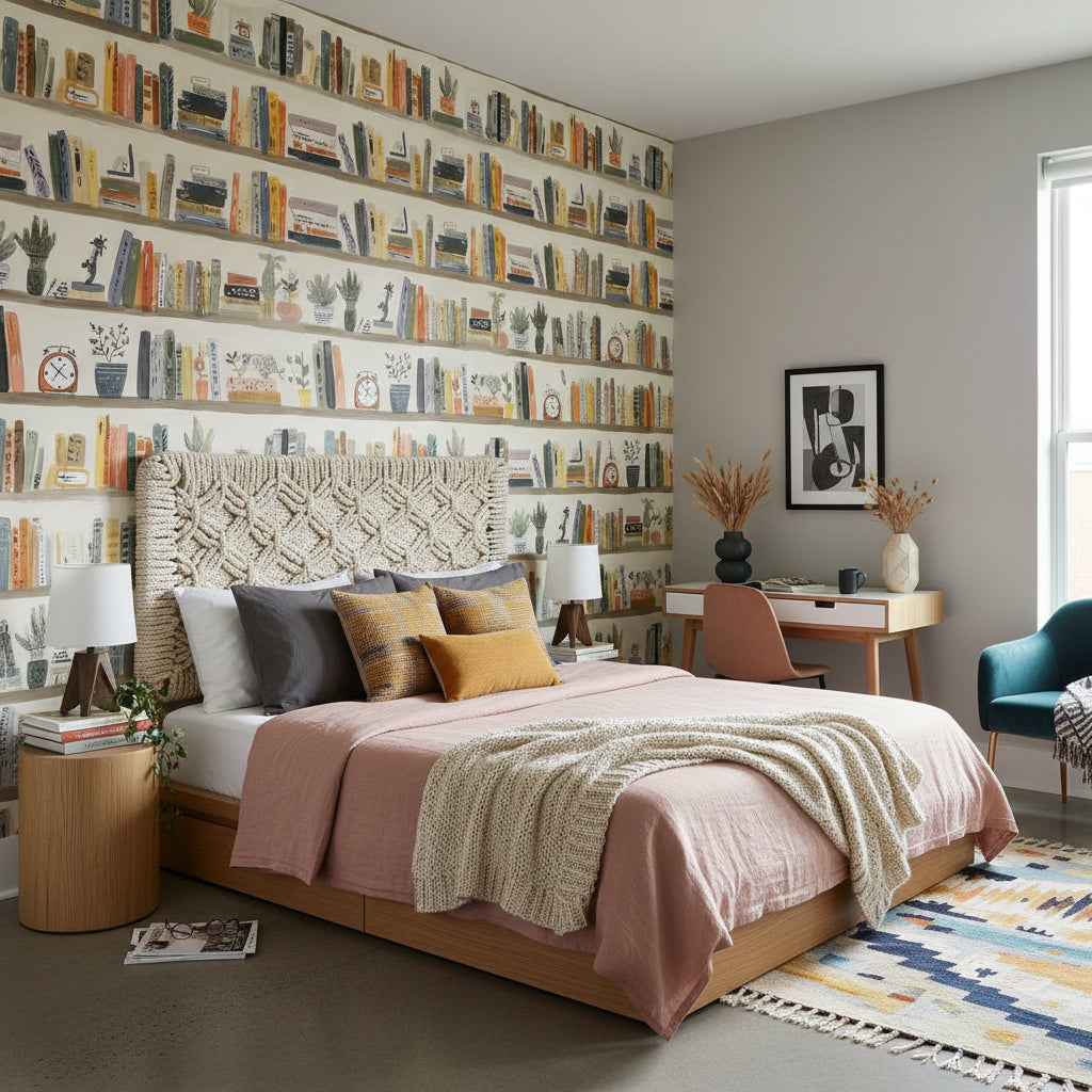 Cream Artistic Bookshelf Abstract Wallpaper