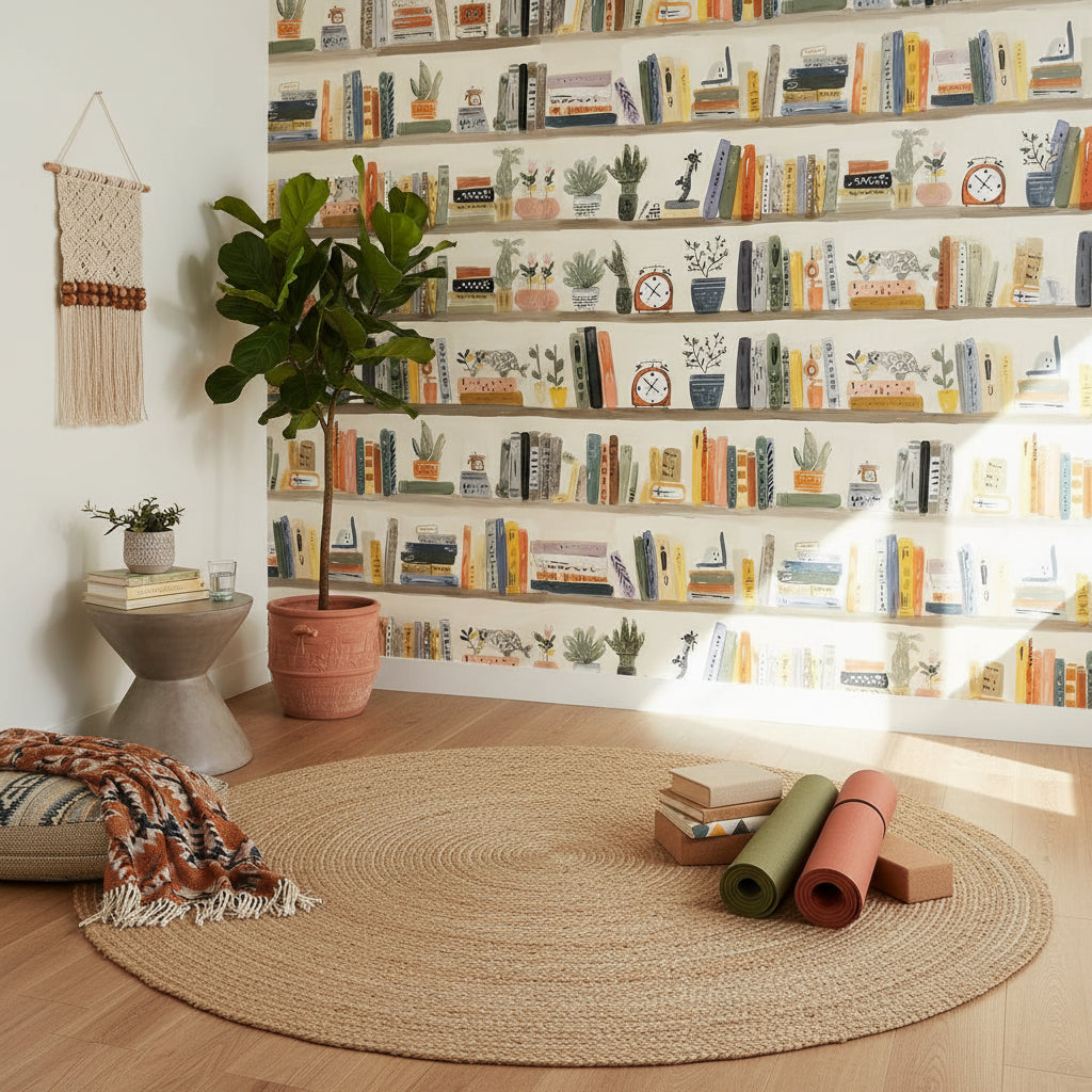 Cream Artistic Bookshelf Abstract Wallpaper