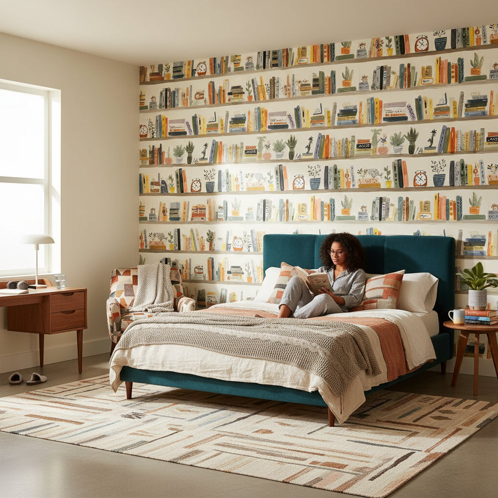 Cream Artistic Bookshelf Abstract Wallpaper