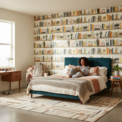 Cream Artistic Bookshelf Abstract Wallpaper