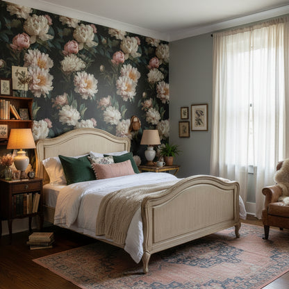 Moody Black Peony Floral Wallpaper