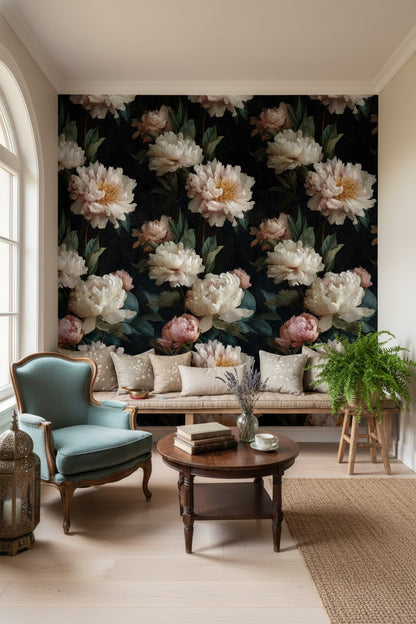 Moody Black Peony Floral Wallpaper