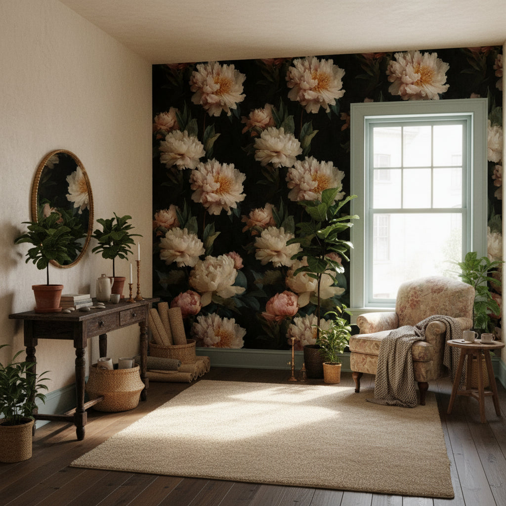 Moody Black Peony Floral Wallpaper
