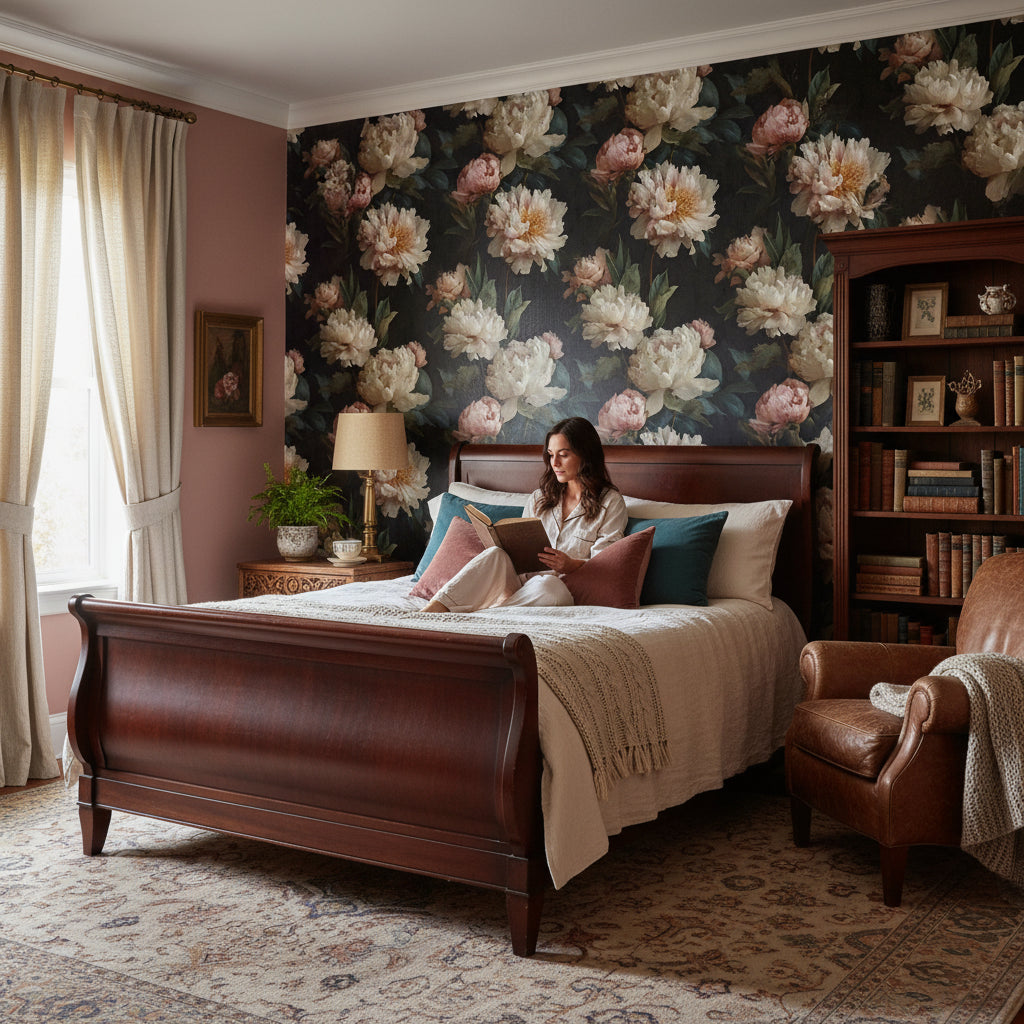 Moody Black Peony Floral Wallpaper