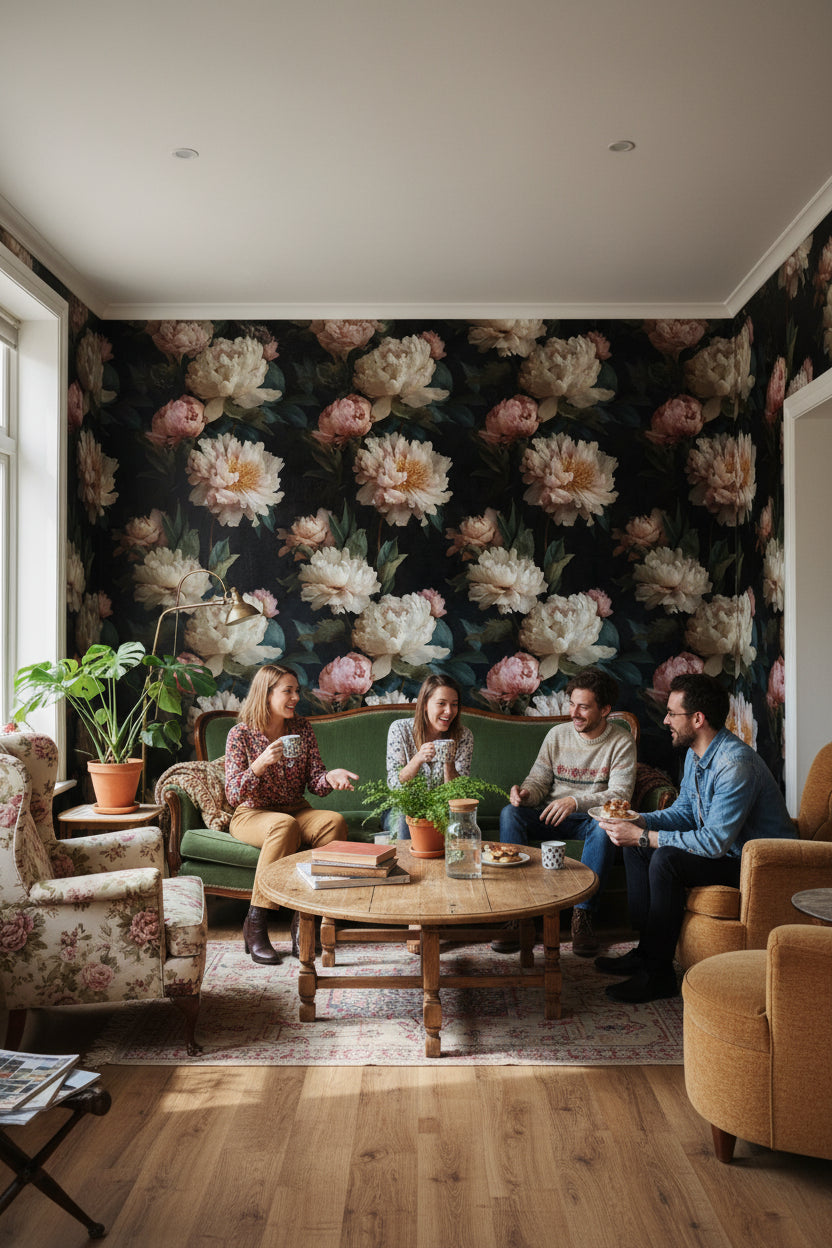 Moody Black Peony Floral Wallpaper