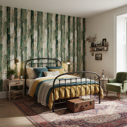 Rustic Green and Cream Brushstroke Wallpaper