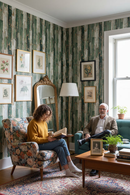 Rustic Green and Cream Brushstroke Wallpaper