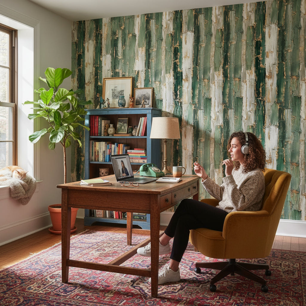 Rustic Green and Cream Brushstroke Wallpaper
