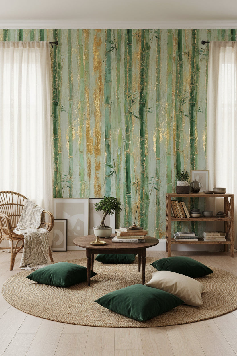 Pale Sage Green Bamboo Stripe Wallpaper