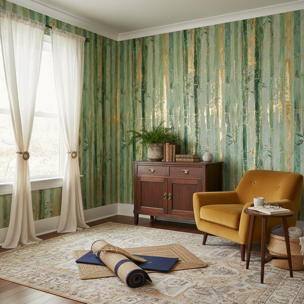 Pale Sage Green Bamboo Stripe Wallpaper