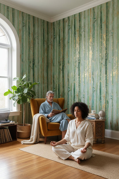 Pale Sage Green Bamboo Stripe Wallpaper