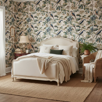 Cream Vintage Birds and Floral Botanical Wallpaper