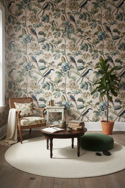 Cream Vintage Birds and Floral Botanical Wallpaper