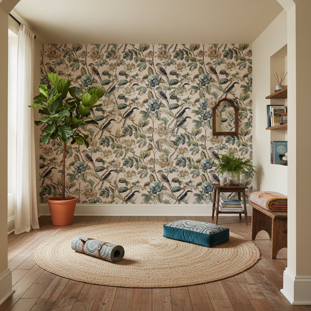 Cream Vintage Birds and Floral Botanical Wallpaper