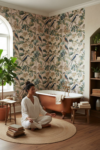 Cream Vintage Birds and Floral Botanical Wallpaper