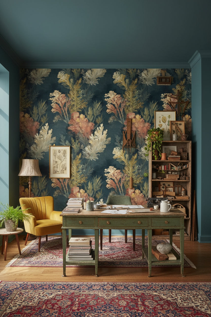 Navy Blue Abstract Botanical Leaves Wallpaper