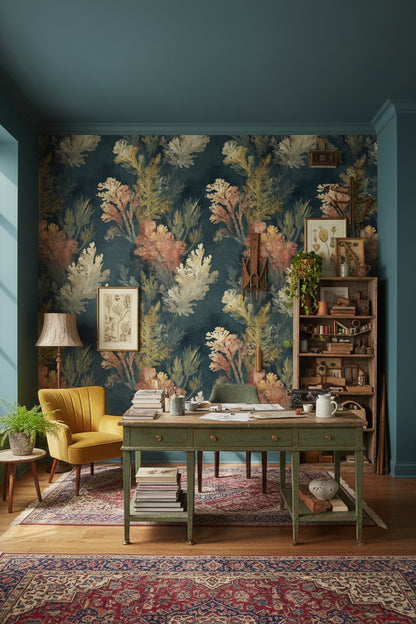 Navy Blue Abstract Botanical Leaves Wallpaper