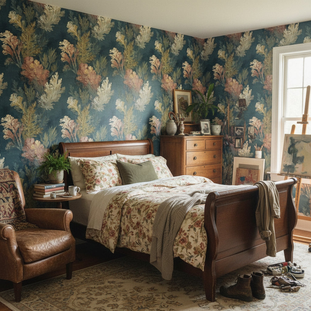 Navy Blue Abstract Botanical Leaves Wallpaper