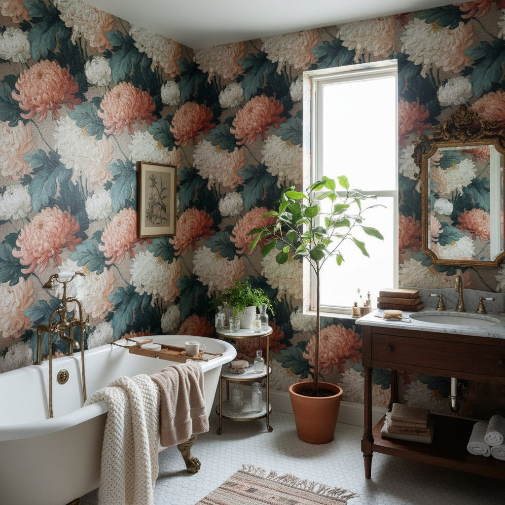 Dark Blue and Peach Large Floral Wallpaper