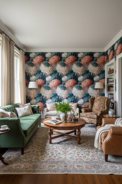 Dark Blue and Peach Large Floral Wallpaper