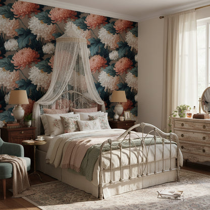 Dark Blue and Peach Large Floral Wallpaper
