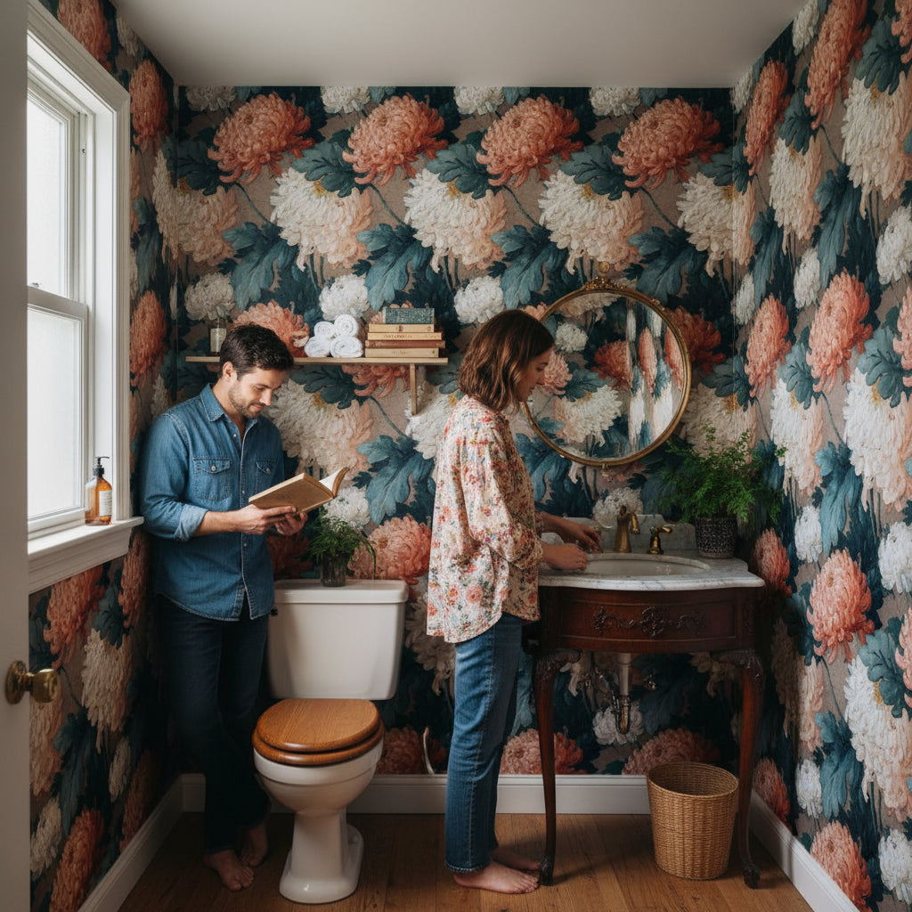 Dark Blue and Peach Large Floral Wallpaper