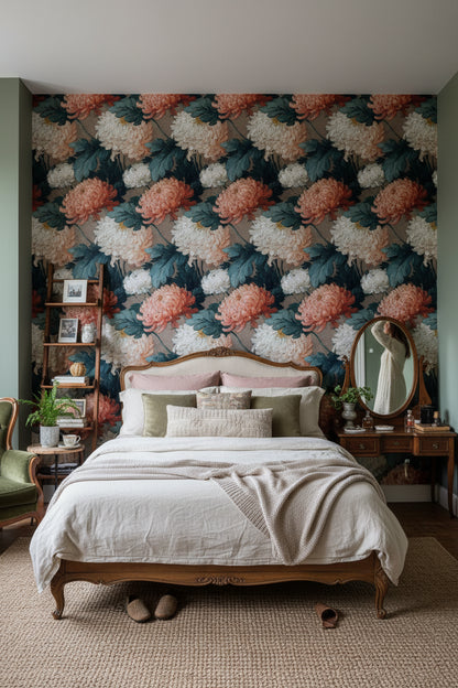 Dark Blue and Peach Large Floral Wallpaper