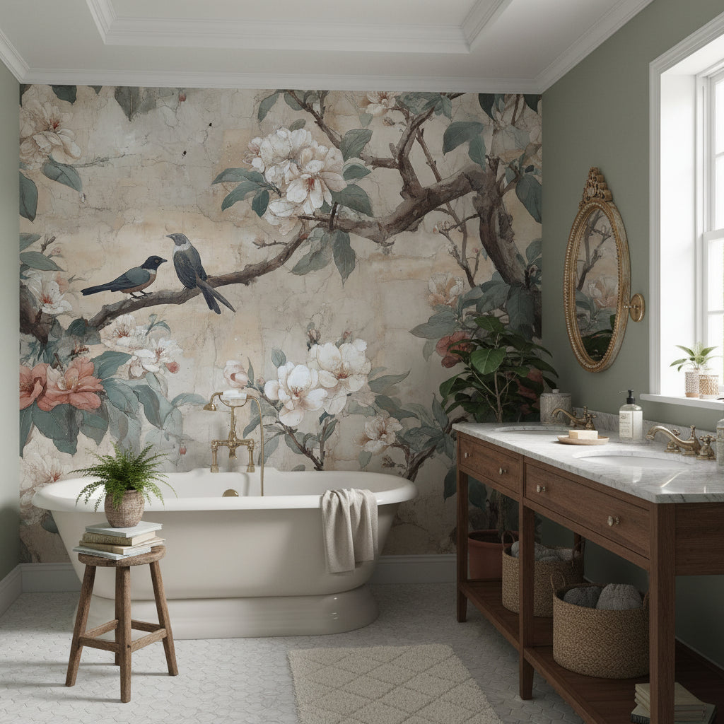 Vintage Birds Wallpaper Floral Traditional Wall Art