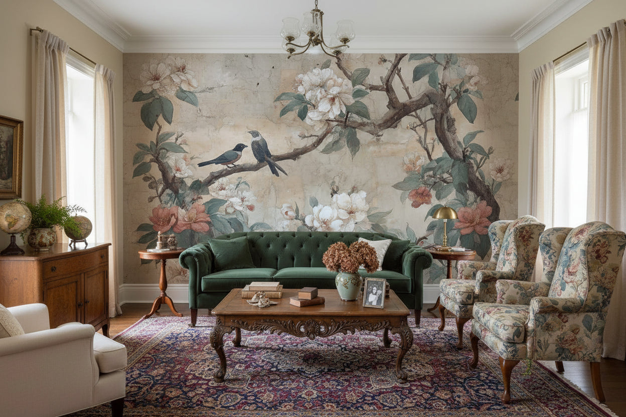 Vintage Birds Wallpaper Floral Traditional Wall Art