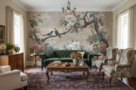 Vintage Birds Wallpaper Floral Traditional Wall Art