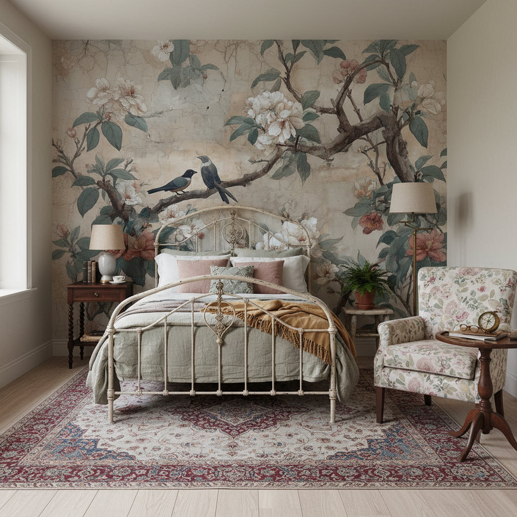 Vintage Birds Wallpaper Floral Traditional Wall Art