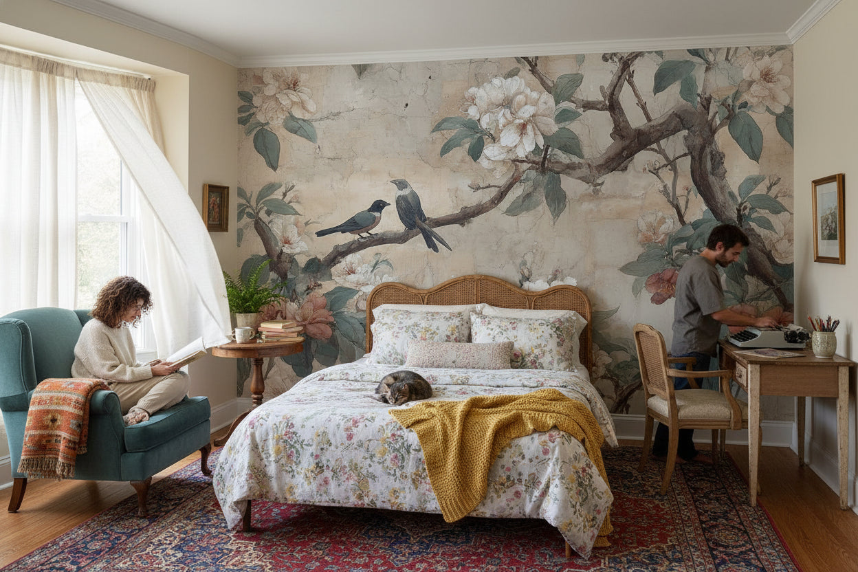 Vintage Birds Wallpaper Floral Traditional Wall Art